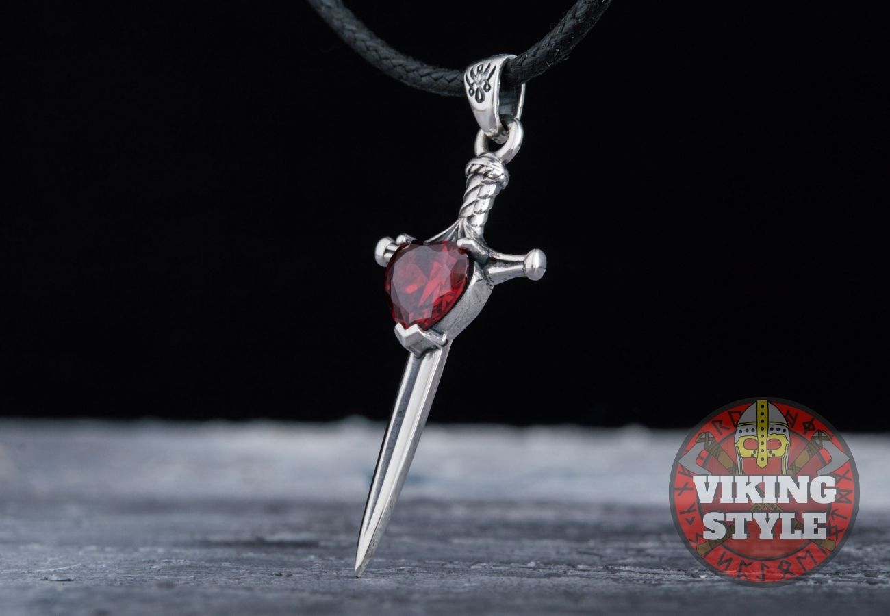 Viking Sword Pendant - Red Zirconia, 925 Silver