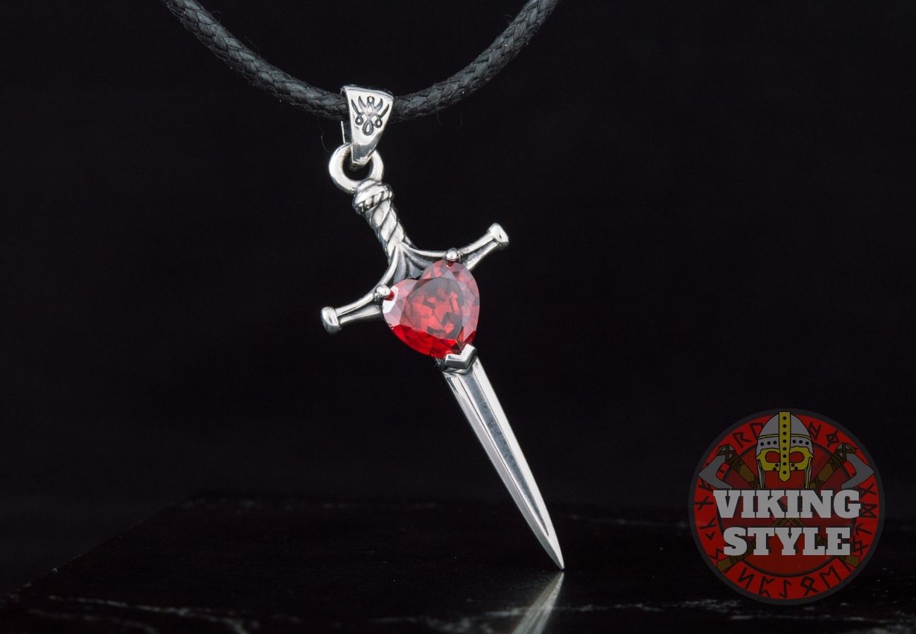Viking Sword Pendant - Red Zirconia, 925 Silver
