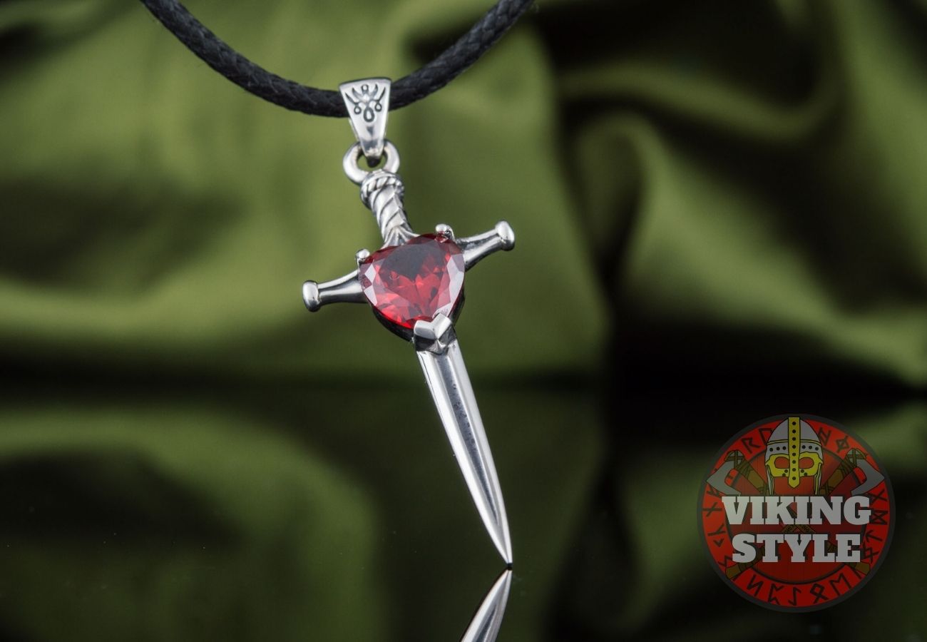 Viking Sword Pendant - Red Zirconia, 925 Silver