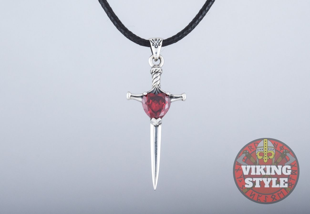 Viking Sword Pendant - Red Zirconia, 925 Silver
