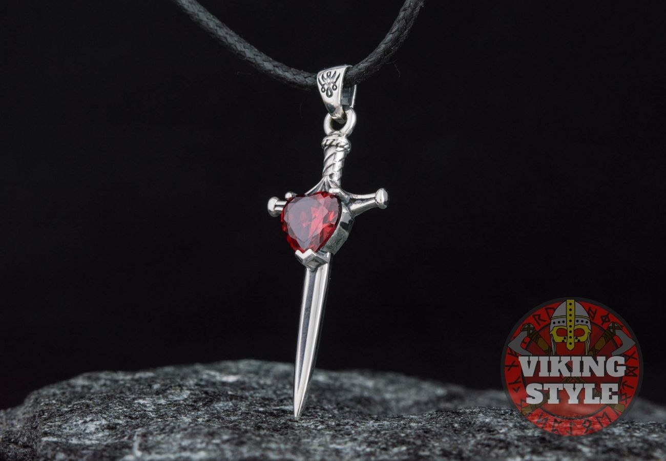 Viking Sword Pendant - Red Zirconia, 925 Silver