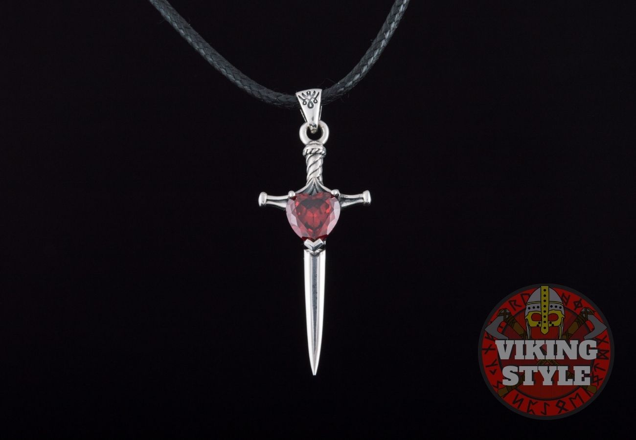 Viking Sword Pendant - Red Zirconia, 925 Silver