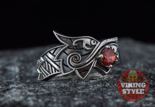 Fenrir Ring - Red Gemstone, 925 Silver