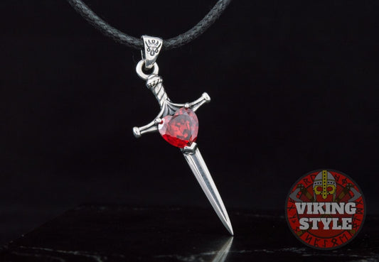 Viking Sword Pendant - Red Zirconia, 925 Silver