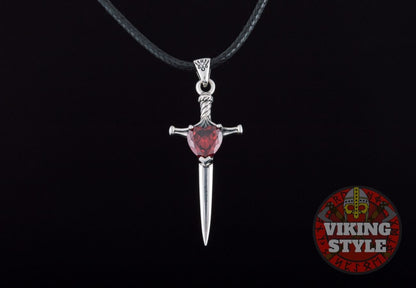 Viking Sword Pendant - Red Zirconia, 925 Silver